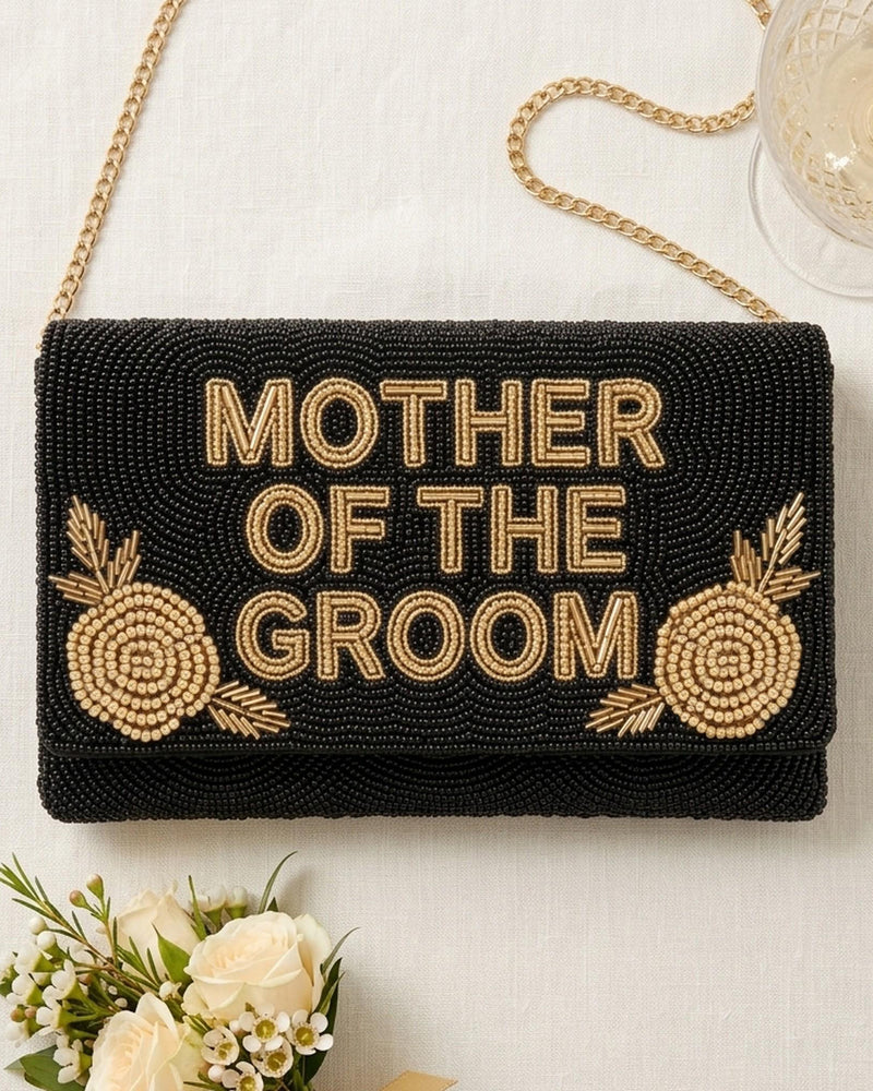 Mother of the Groom Beaded Clutch, Black and Gold Wedding Purse with Rose Details, Custom Bridal Party Handbag with Detachable Chain