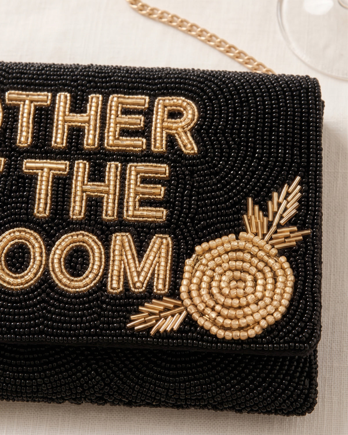 Mother of the Groom Beaded Clutch, Black and Gold Wedding Purse with Rose Details, Custom Bridal Party Handbag with Detachable Chain