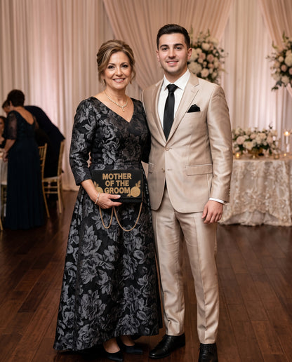 Mother of the Groom Beaded Clutch, Black and Gold Wedding Purse with Rose Details, Custom Bridal Party Handbag with Detachable Chain