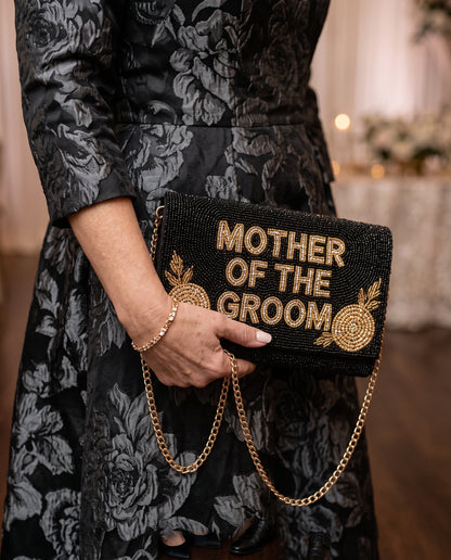 Mother of the Groom Beaded Clutch, Black and Gold Wedding Purse with Rose Details, Custom Bridal Party Handbag with Detachable Chain