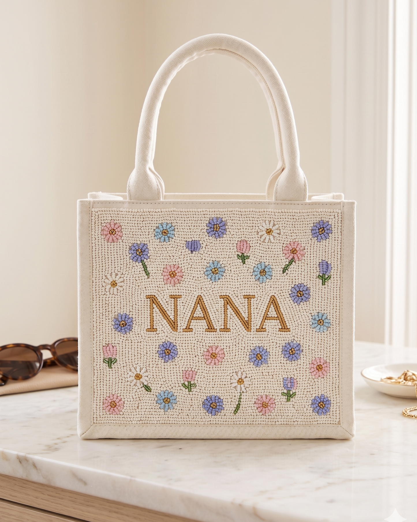 Neutral Patchwork Beaded Tote