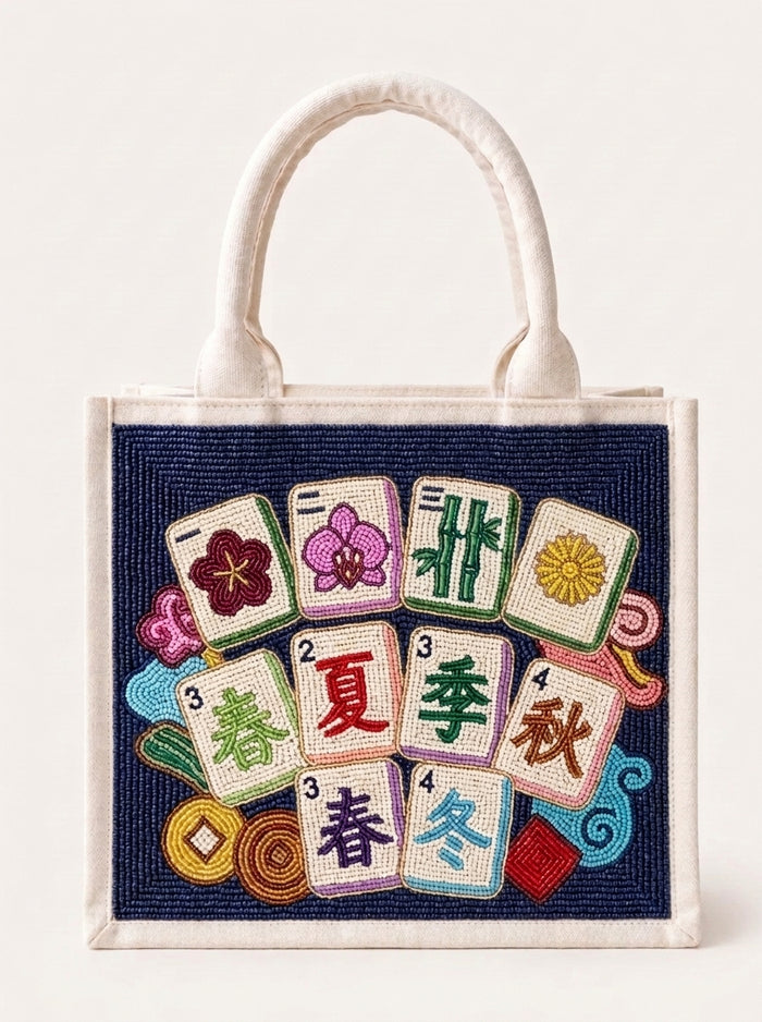 Navy Mahjong Beaded Mini Tote Bag