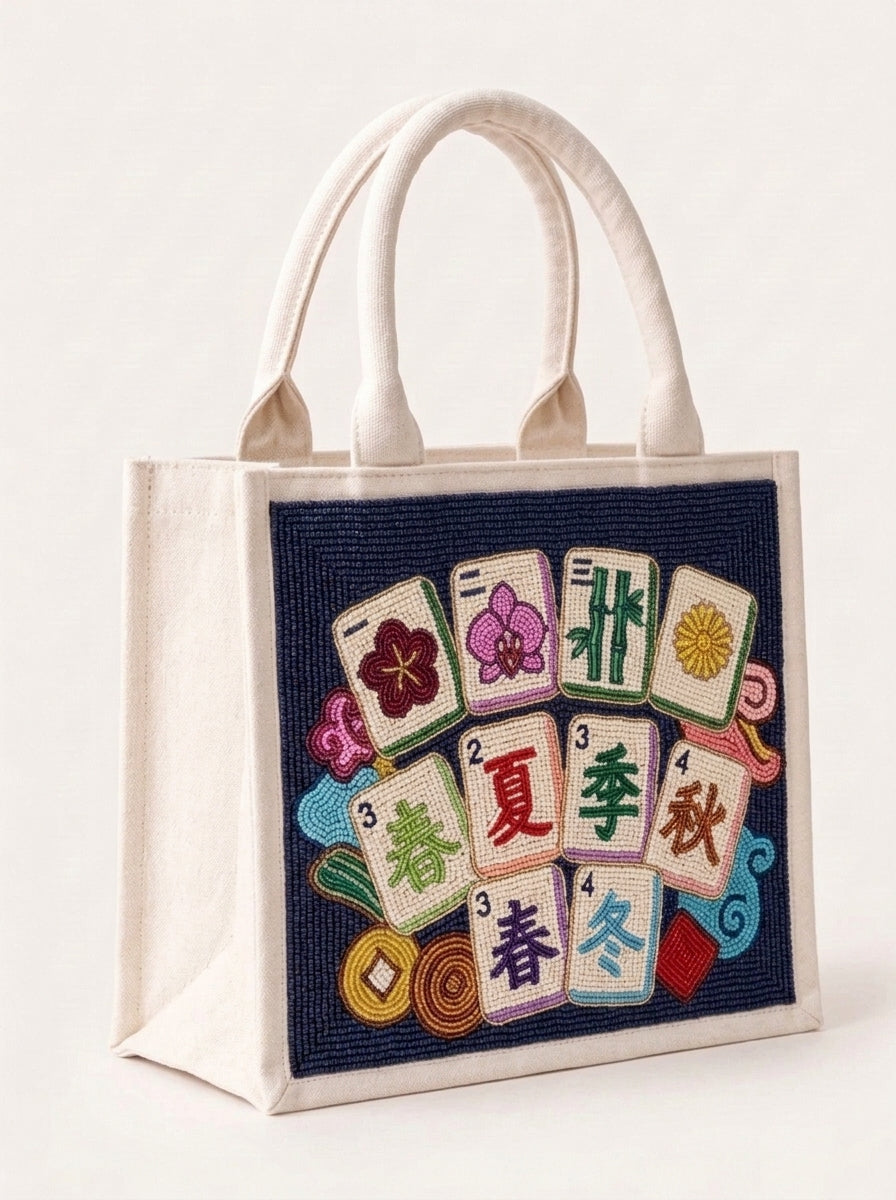 Navy Mahjong Beaded Mini Tote Bag