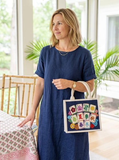 Navy Mahjong Beaded Mini Tote Bag