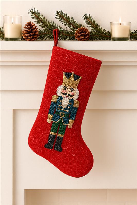 Beaded Nutcracker Christmas Stocking – Handmade Holiday Décor