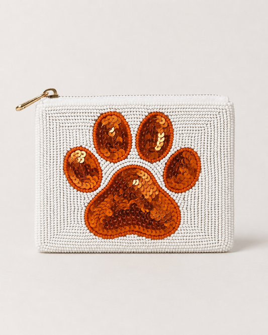 Orange Paw Print Beaded Coin Purse