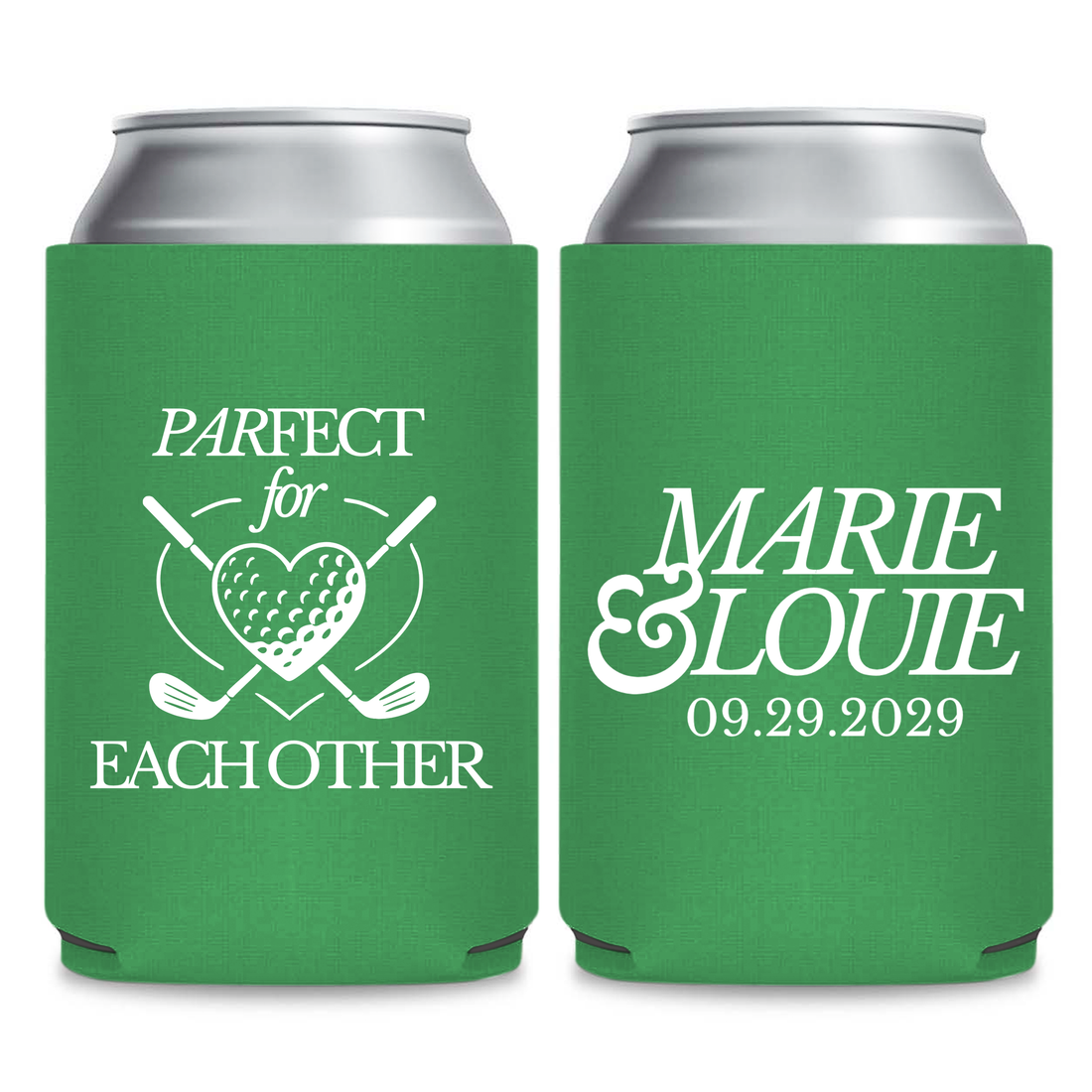 two green can holders with white text and graphics on them.