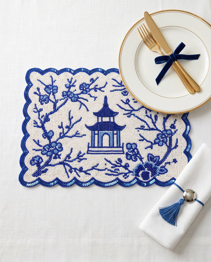 Blue Chinoiserie Beaded Placemat, Personalized Pagoda Table Mat with Scalloped Edge, Blue and White Dining Table Decor, Grandmillennial