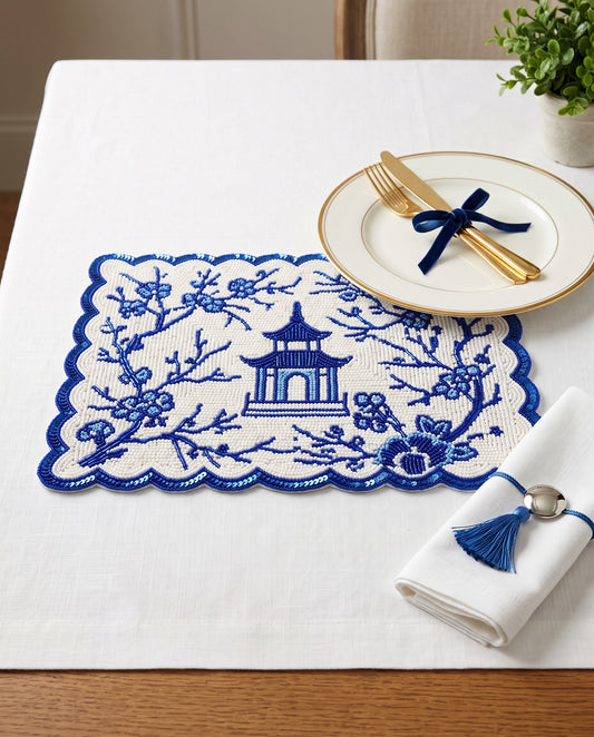 Blue Chinoiserie Beaded Placemat, Personalized Pagoda Table Mat with Scalloped Edge, Blue and White Dining Table Decor, Grandmillennial