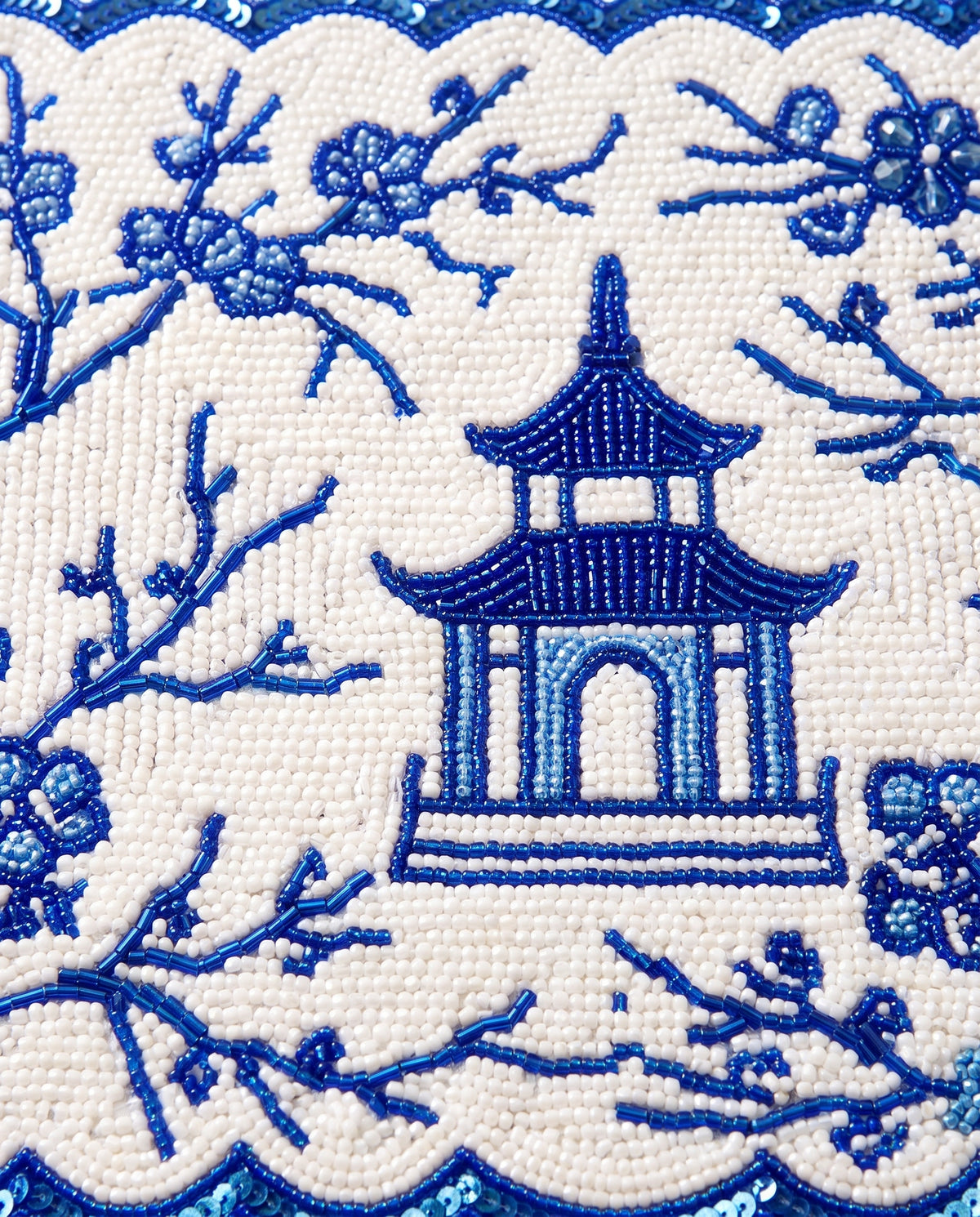 Blue Chinoiserie Beaded Placemat, Personalized Pagoda Table Mat with Scalloped Edge, Blue and White Dining Table Decor, Grandmillennial