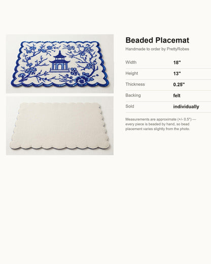 Blue Chinoiserie Beaded Placemat, Personalized Pagoda Table Mat with Scalloped Edge, Blue and White Dining Table Decor, Grandmillennial