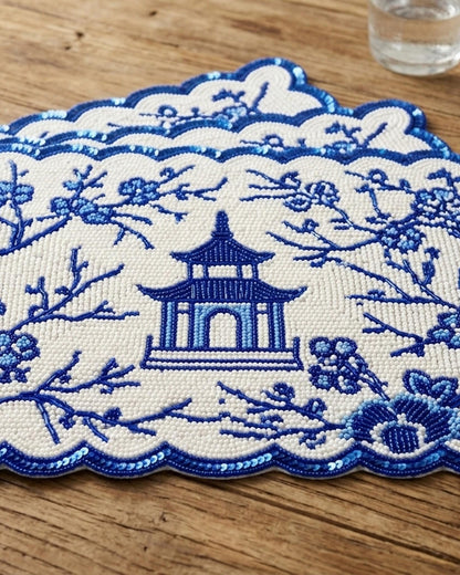 Blue Chinoiserie Beaded Placemat, Personalized Pagoda Table Mat with Scalloped Edge, Blue and White Dining Table Decor, Grandmillennial
