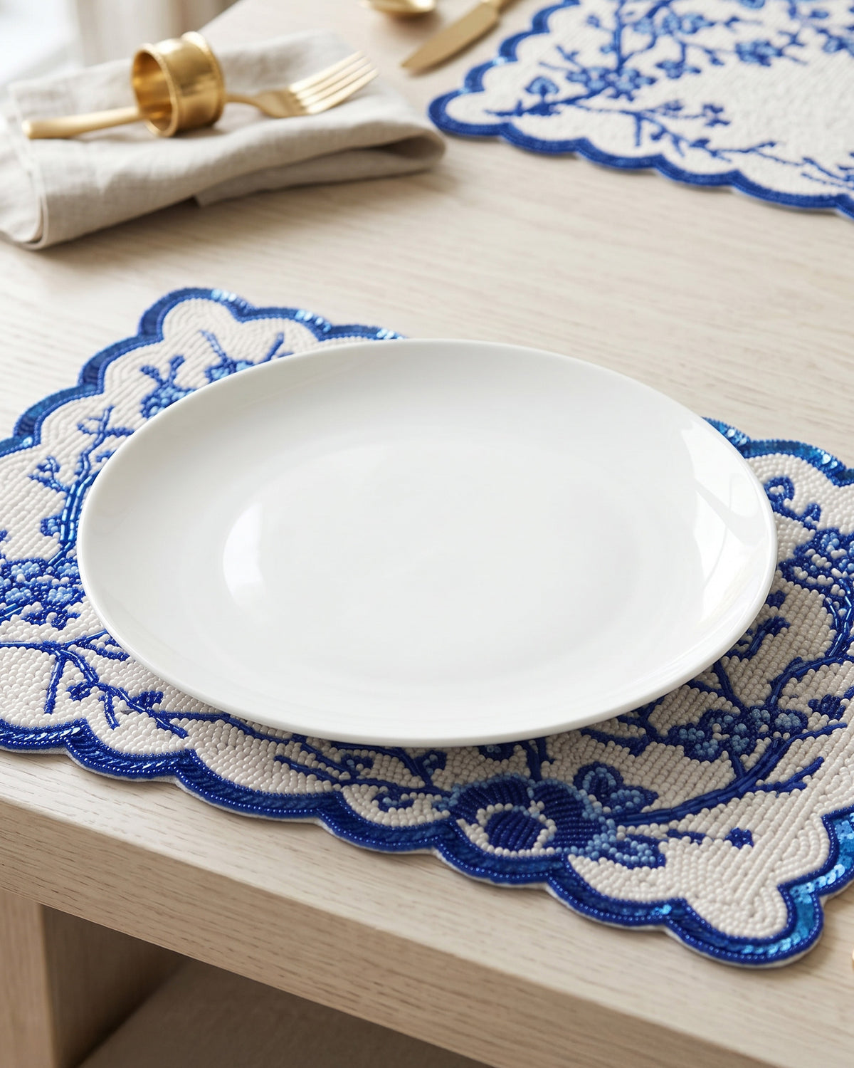 Blue Chinoiserie Beaded Placemat, Personalized Pagoda Table Mat with Scalloped Edge, Blue and White Dining Table Decor, Grandmillennial