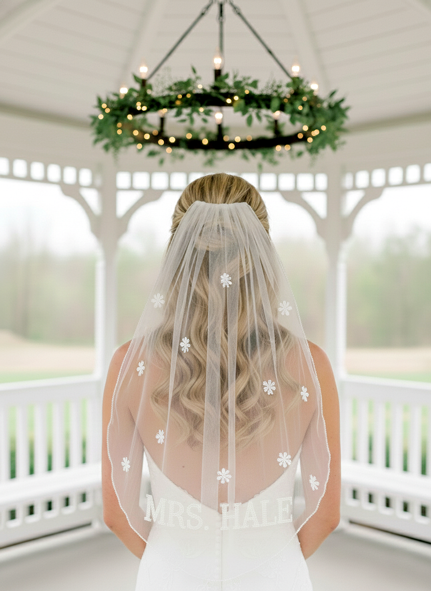 A bride wearing a white wedding dress with a veil stands in front of a gazebo with a wreath and string lights.