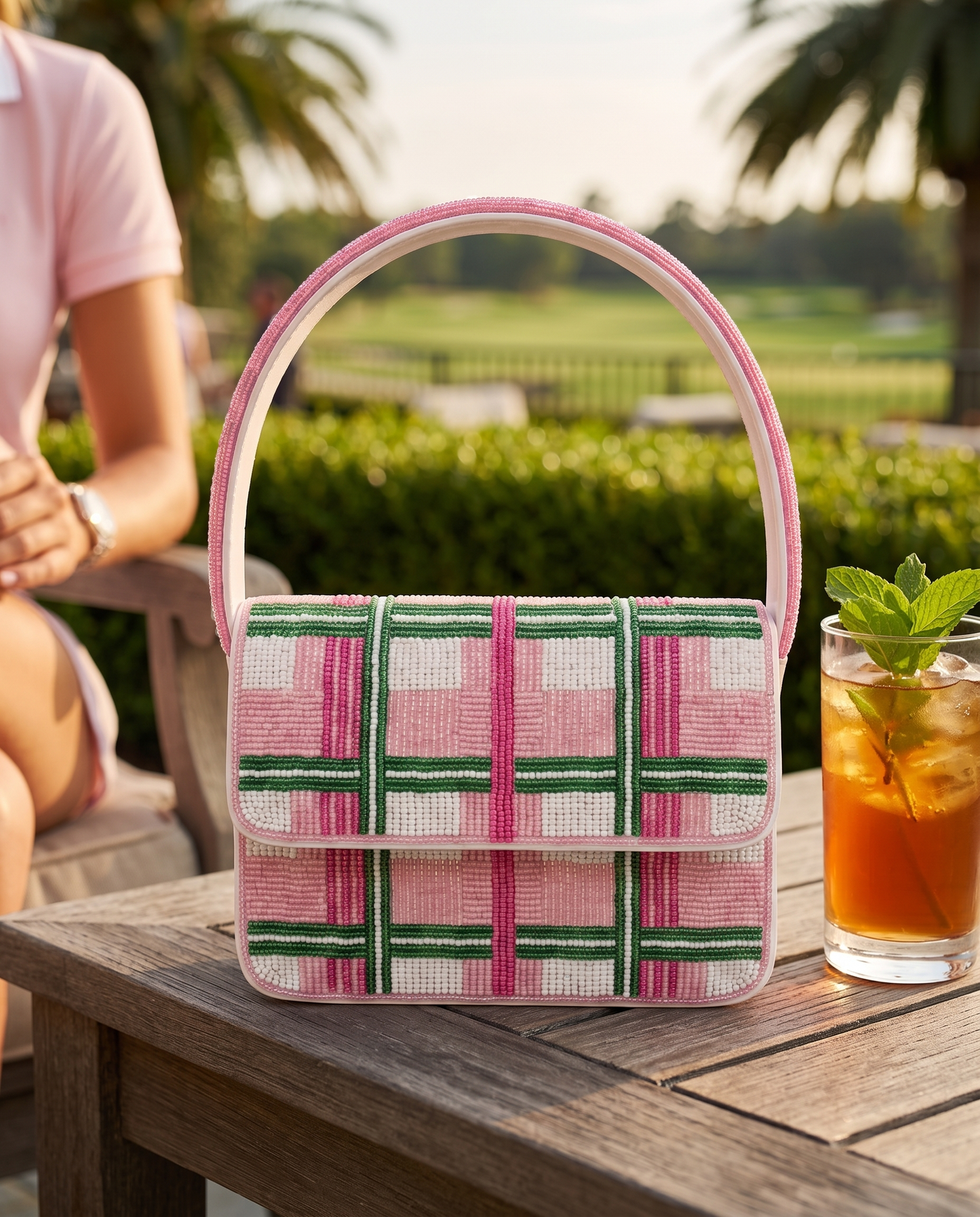 Pink Plaid Beaded Shoulder Bag