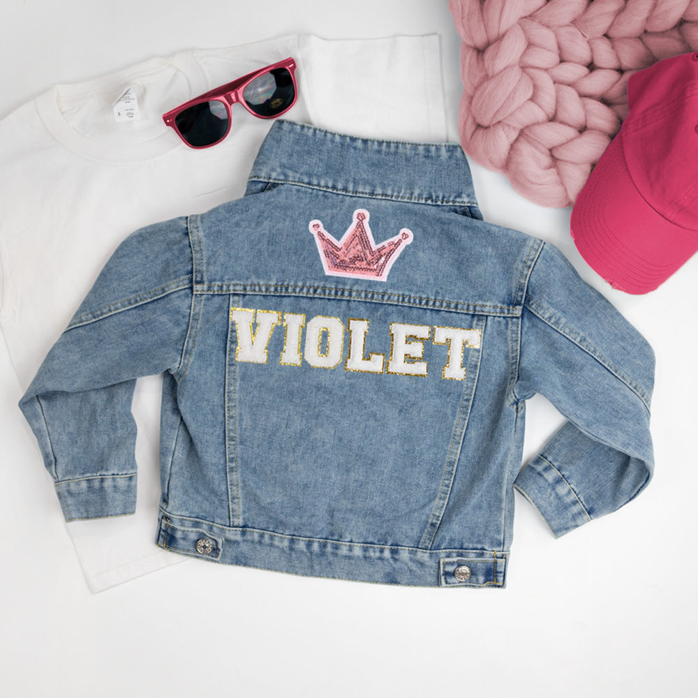 (Blue) Custom Crown Patch Denim Jacket for Kids