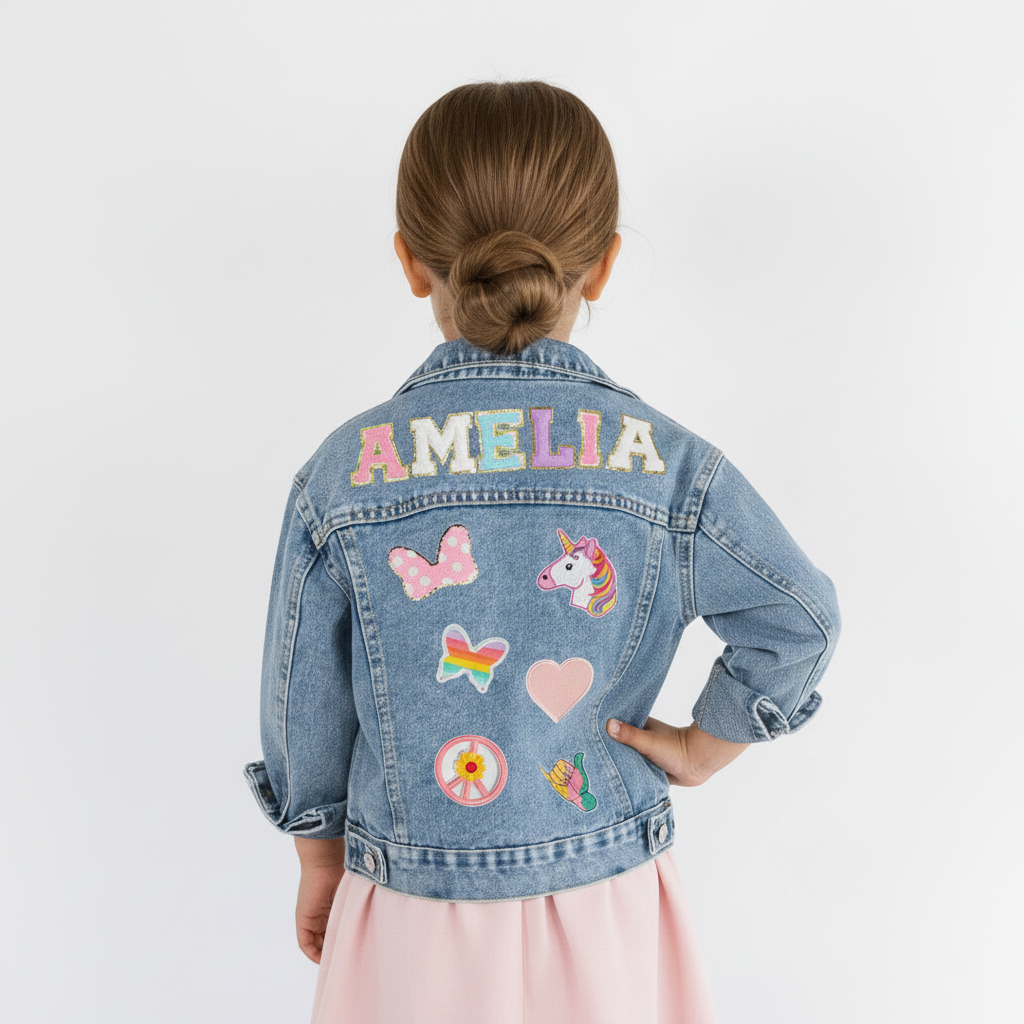 (Blue Denim) Custom Crown Patch Denim Jacket for Kids