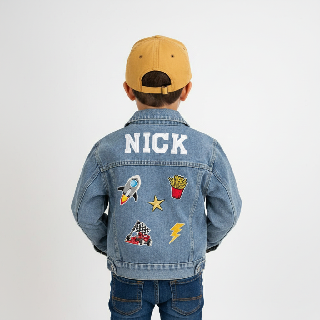(Blue Denim) Custom Crown Patch Denim Jacket for Kids