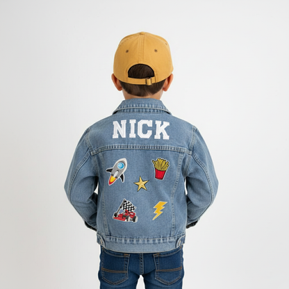 (Blue Denim) Custom Crown Patch Denim Jacket for Kids