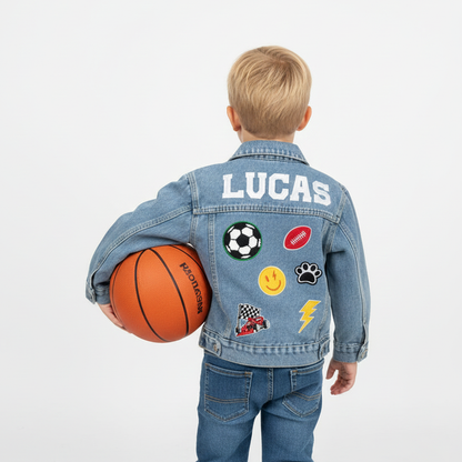 (Blue Denim) Custom Crown Patch Denim Jacket for Kids