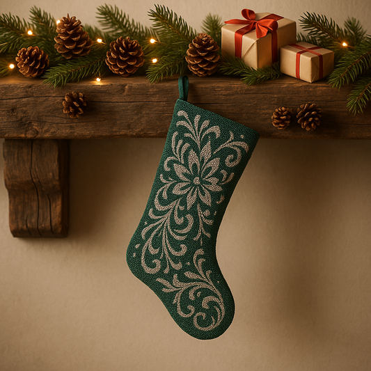 Green Beaded Poinsettia Christmas Stocking