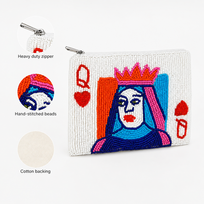 Queen Playing Card Beaded Coin Purse