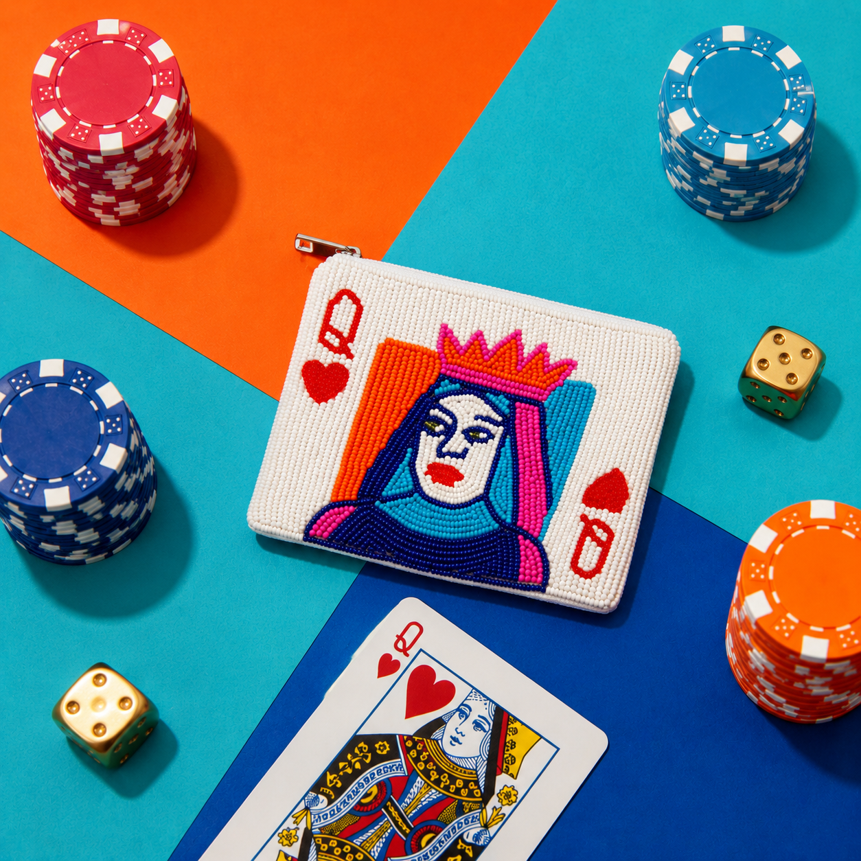 Queen Playing Card Beaded Coin Purse