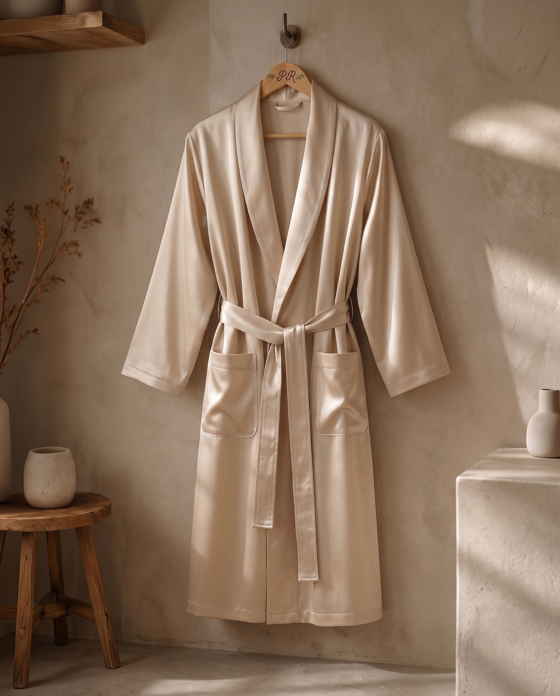 Satin robe with custom embroidered logo