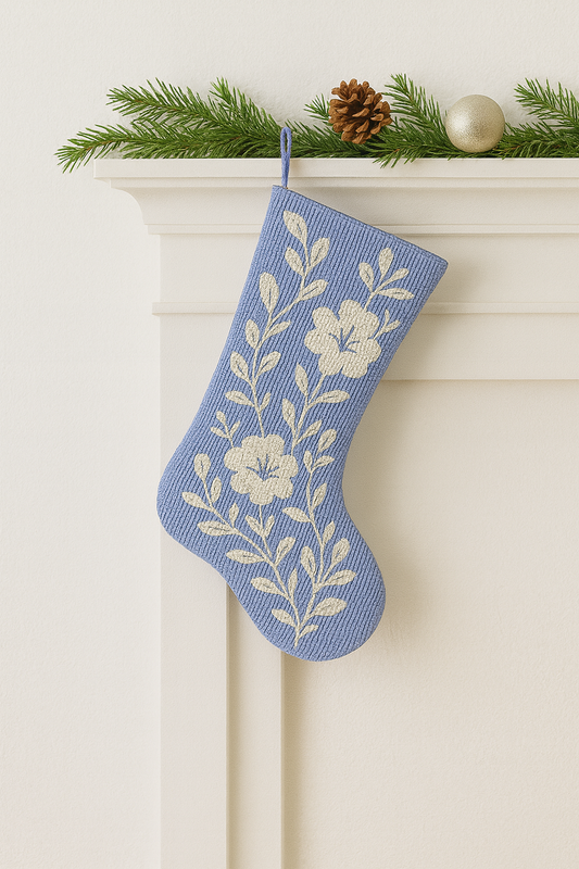 Blue Floral Beaded Christmas Stocking