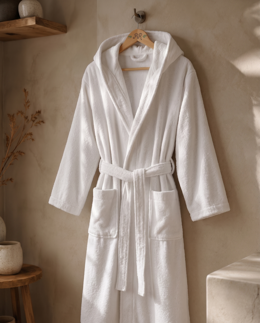 Terry cloth hooded robe with custom embroidered logo