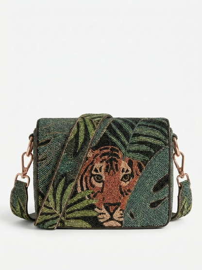 Hand Beaded Tiger Shoulder Bag with Strap