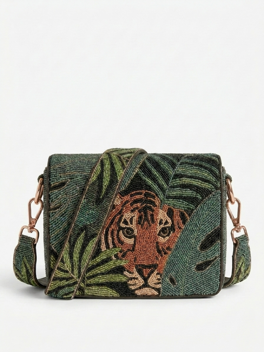 Hand Beaded Tiger Shoulder Bag with Strap