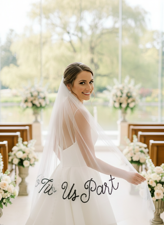 A bride in a white wedding dress stands in a church aisle, smiling and holding a veil with the text "Tis us part" written on it.