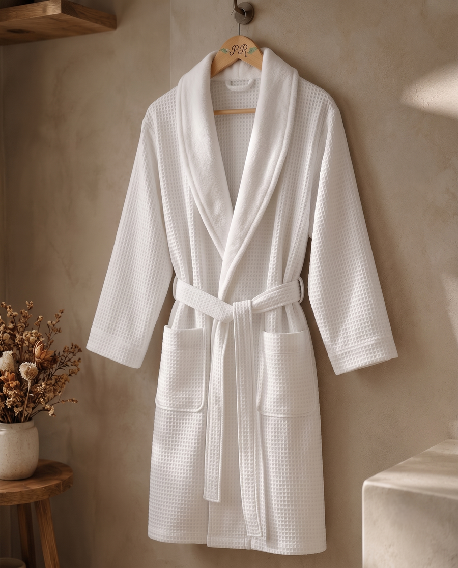 Waffle robe with plush shawl collar and custom logo