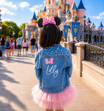(Blue Pearl) Custom Bow & Name Flower Girl Denim Jacket
