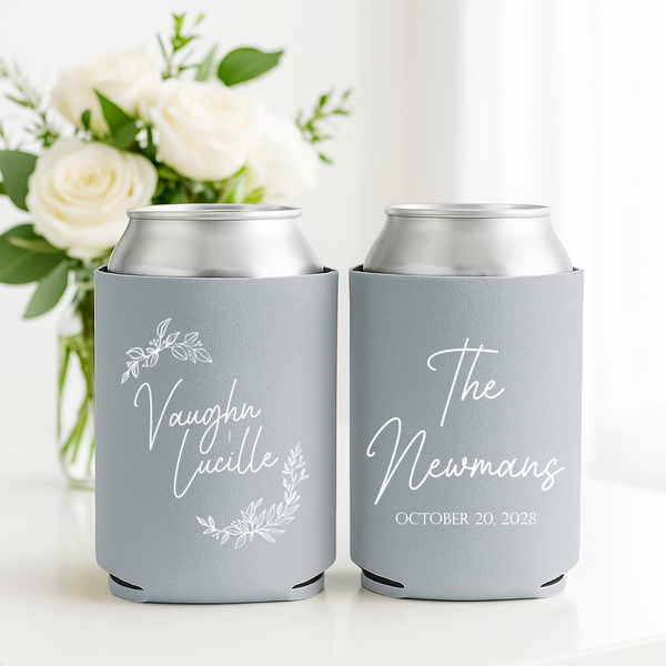 Personalized wedding can coolers with custom names and wedding date