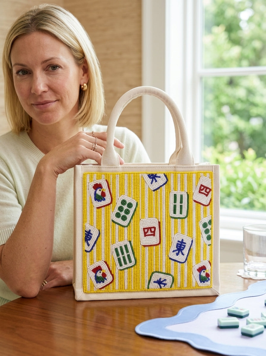 Yellow Mahjong Beaded Mini Tote Bag