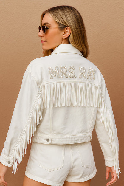 (White Fringe) Bride Patch White Fringe Denim Jacket