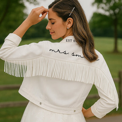 (White Fringe) Personalized Bridal White Fringe Denim Jacket