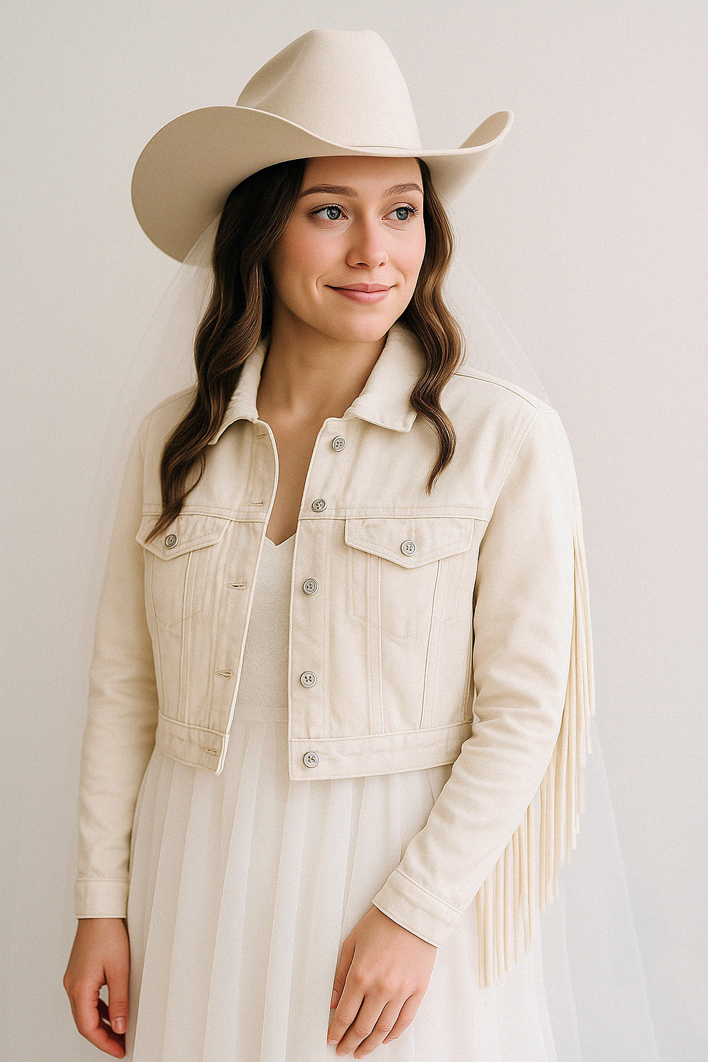 (White Fringe) Custom White Fringe Denim Jacket for the Bride