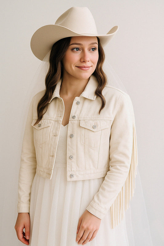 (White Fringe) Wifey White Fringe Jean Jacket