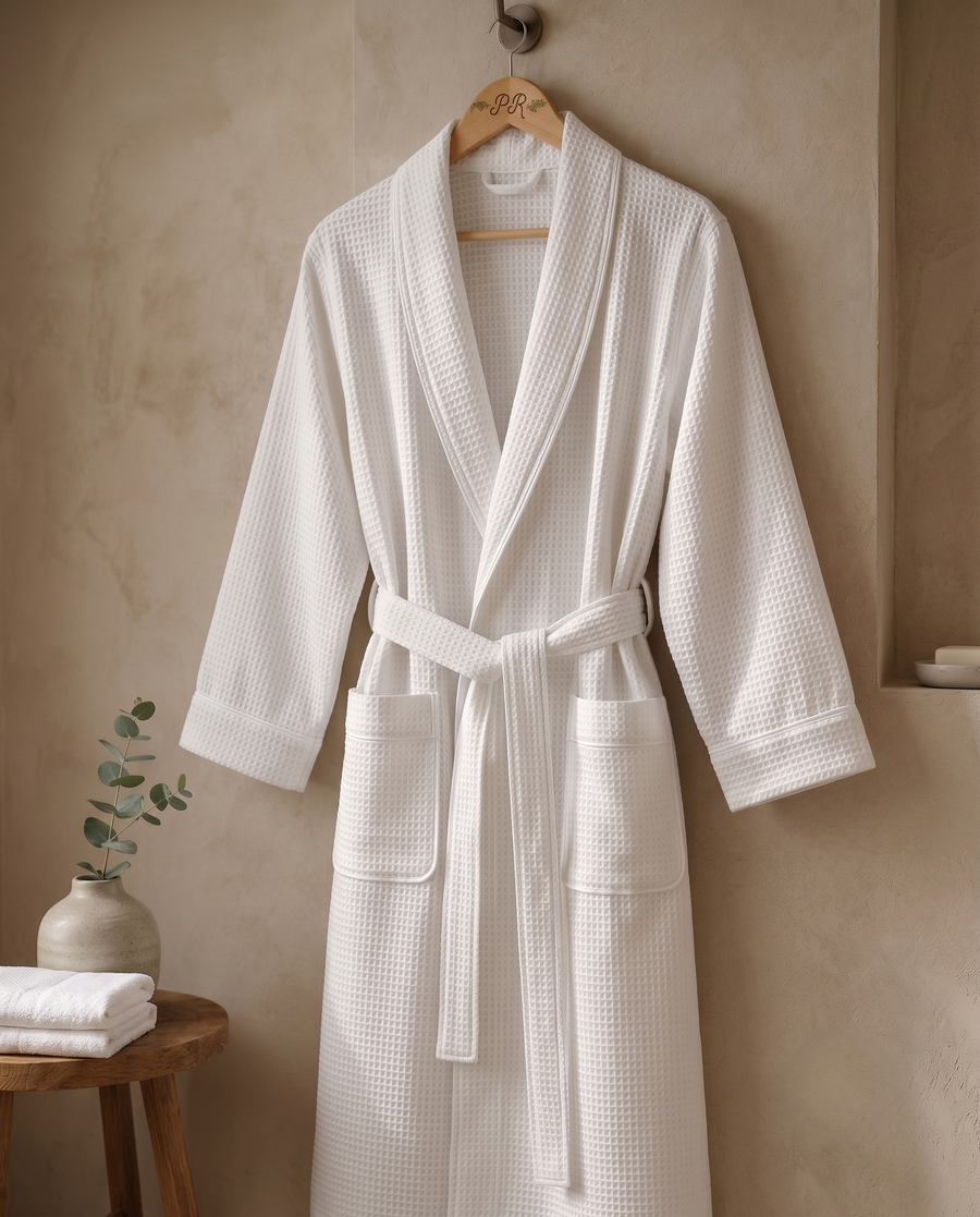 Waffle robe with custom embroidered logo