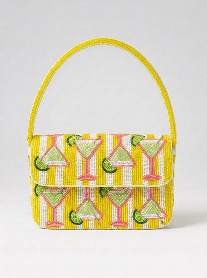 Yellow Martini Beaded Shoulder Bag With Limes