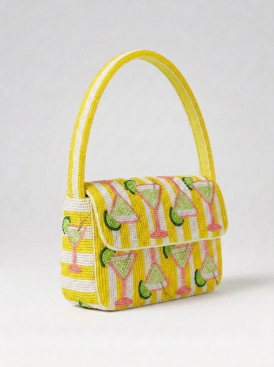 Yellow Martini Beaded Shoulder Bag With Limes