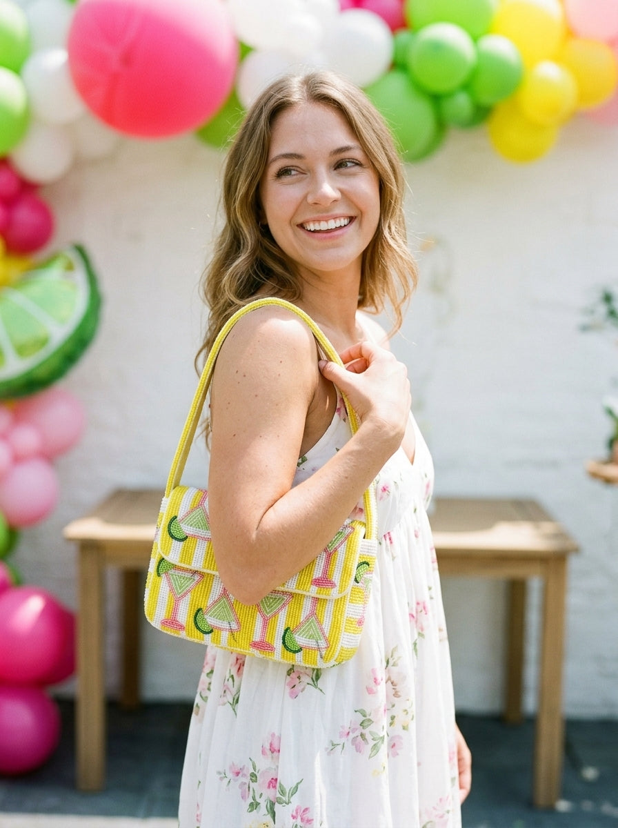 Yellow Martini Beaded Shoulder Bag With Limes