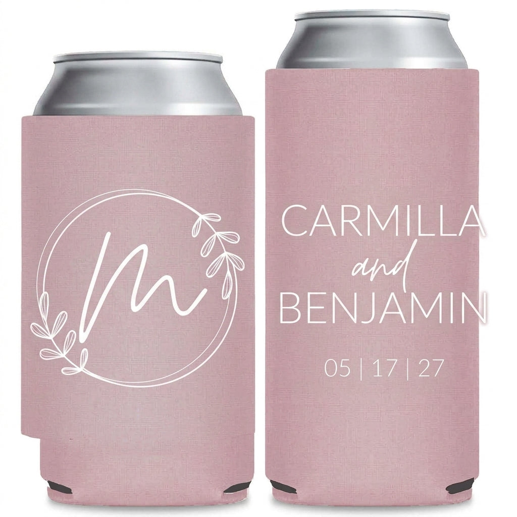 Aqua Grace Wedding Can Coolers shown on standard and slim can coolers