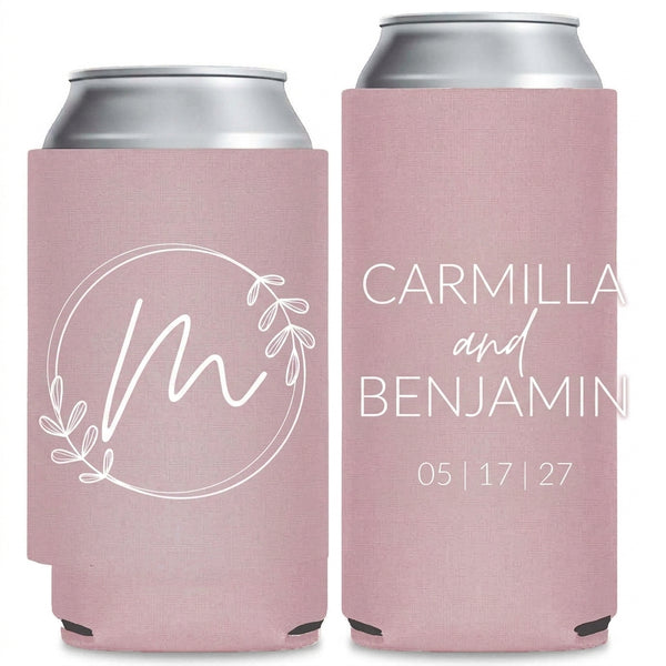 Aqua Grace Wedding Can Coolers shown on standard and slim can coolers