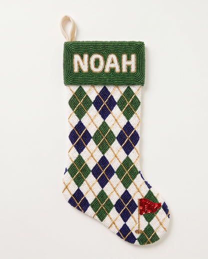 Personalized Beaded Christmas Stocking with Name, Argyle Golf Stocking, Custom Hand Beaded Holiday Stocking for Golfer, Forest Green