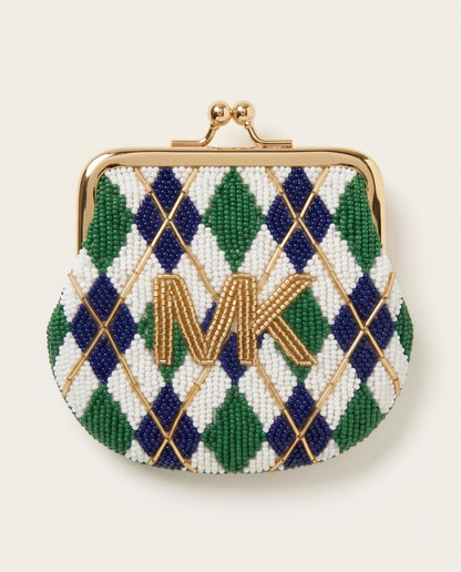 Custom Beaded Golf Coin Purse, Personalized Argyle Kiss Lock Pouch, Hand Beaded Golf Flag Wallet, Ladies Golf Tee Gift