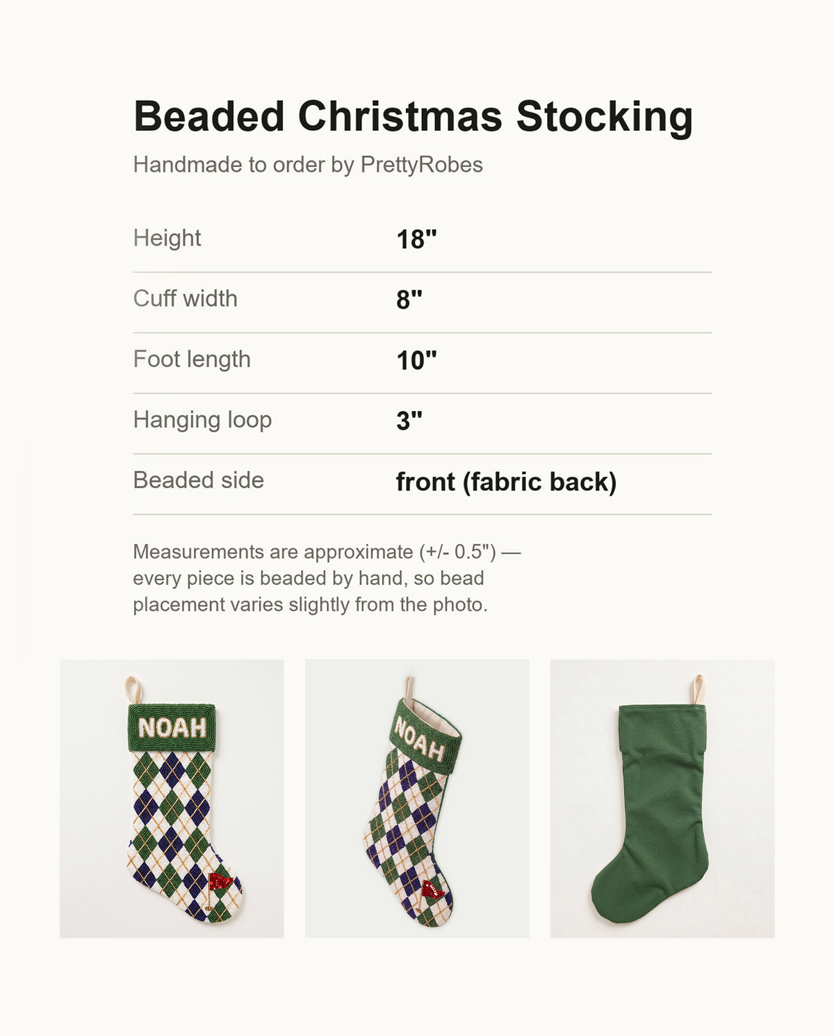 Personalized Beaded Christmas Stocking with Name, Argyle Golf Stocking, Custom Hand Beaded Holiday Stocking for Golfer, Forest Green